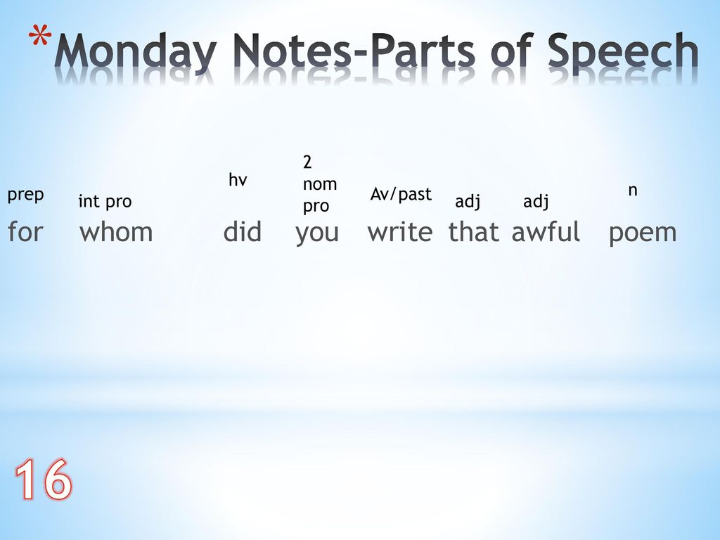 16 Monday Notes-Parts of Speech for whom did you write that awful poem