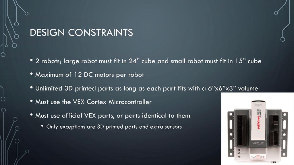 Design Constraints 2 robots; large robot must fit in 24 cube and small robot must fit in 15 cube.