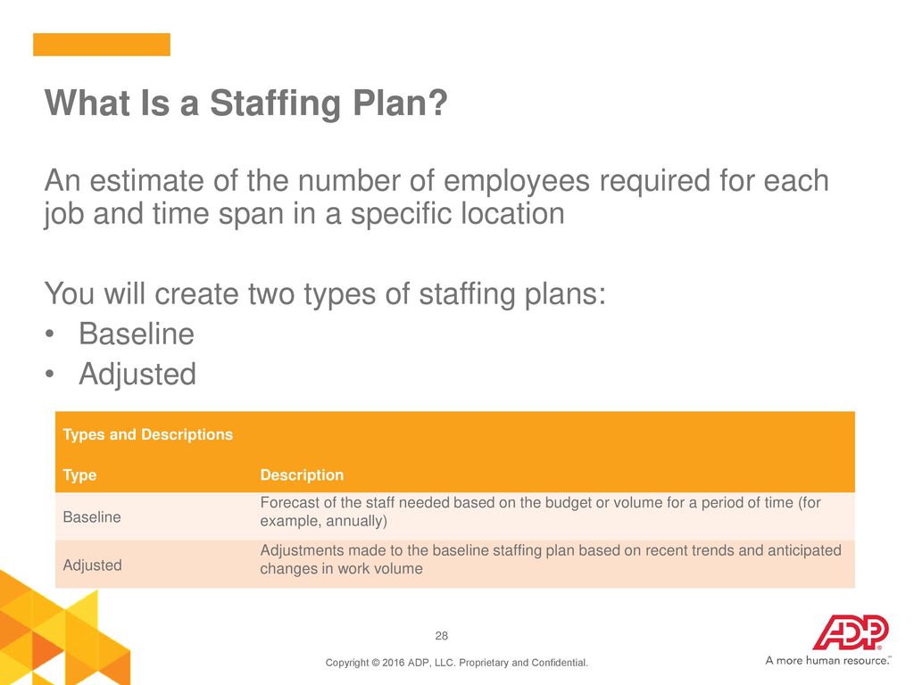 What Is a Staffing Plan An estimate of the number of employees required for each job and time span in a specific location.