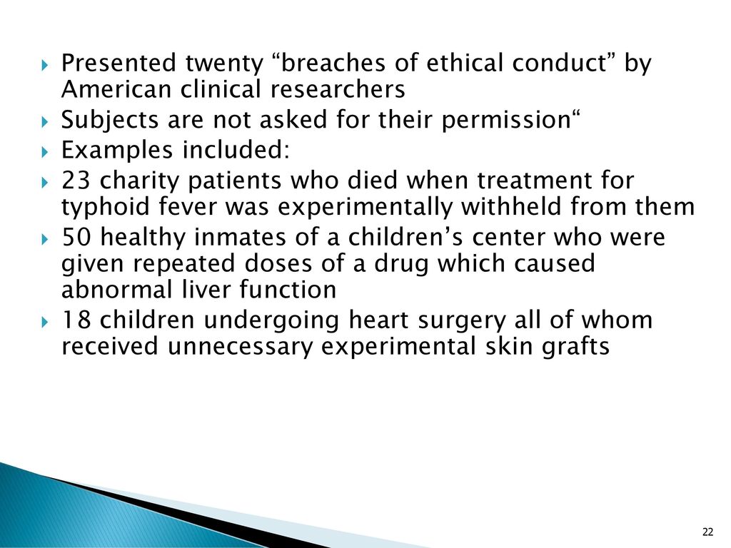 Presented twenty breaches of ethical conduct by American clinical researchers