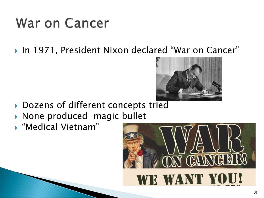 War on Cancer In 1971, President Nixon declared War on Cancer