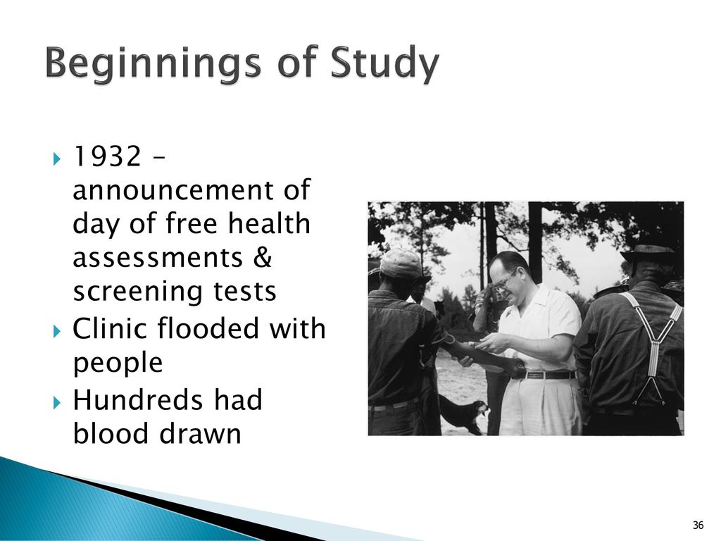 Beginnings of Study 1932 – announcement of day of free health assessments & screening tests. Clinic flooded with people.