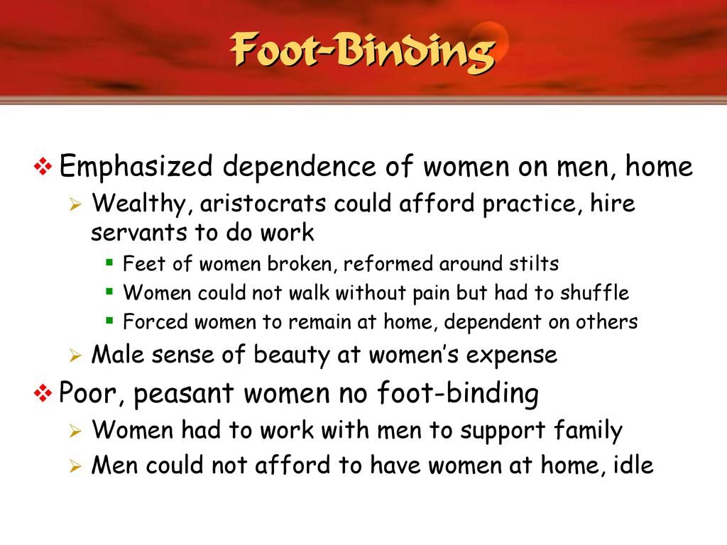 Foot-Binding Emphasized dependence of women on men, home