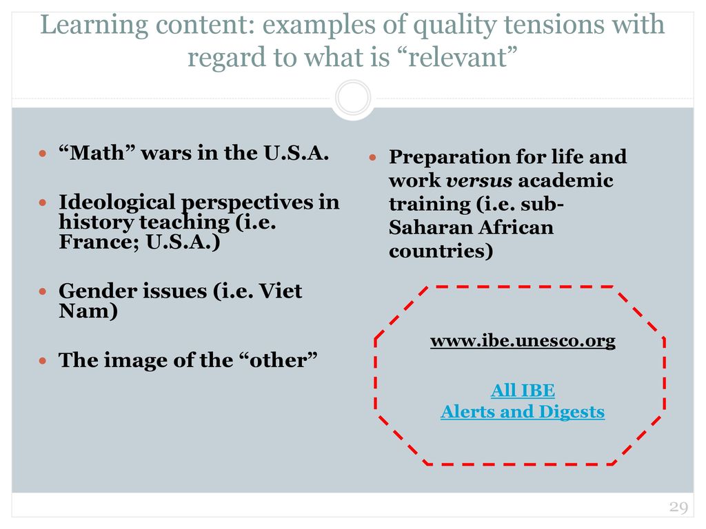 Learning content: examples of quality tensions with regard to what is relevant