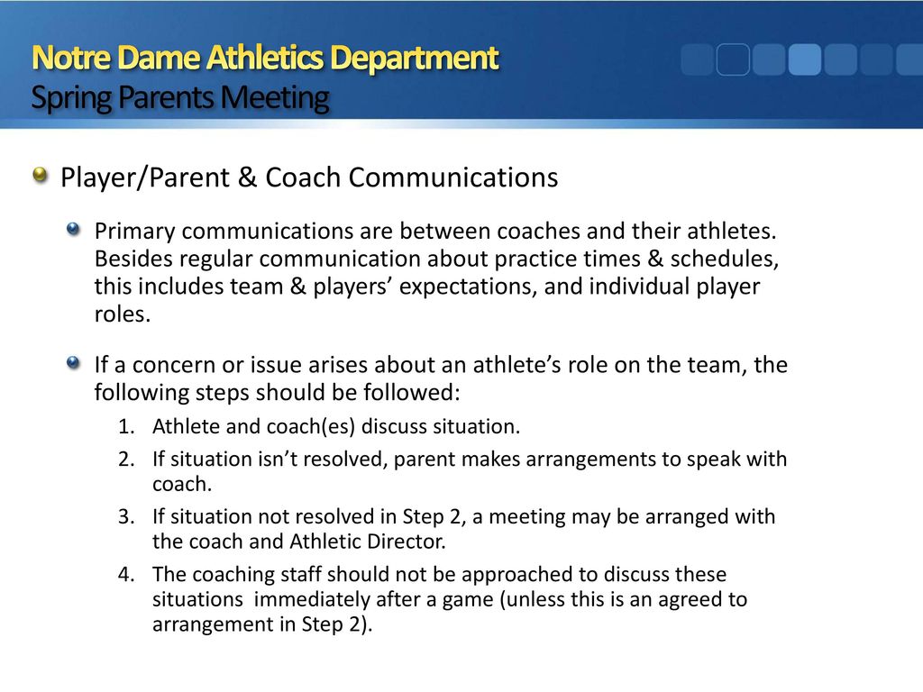 Notre Dame Athletics Department Spring Parents Meeting