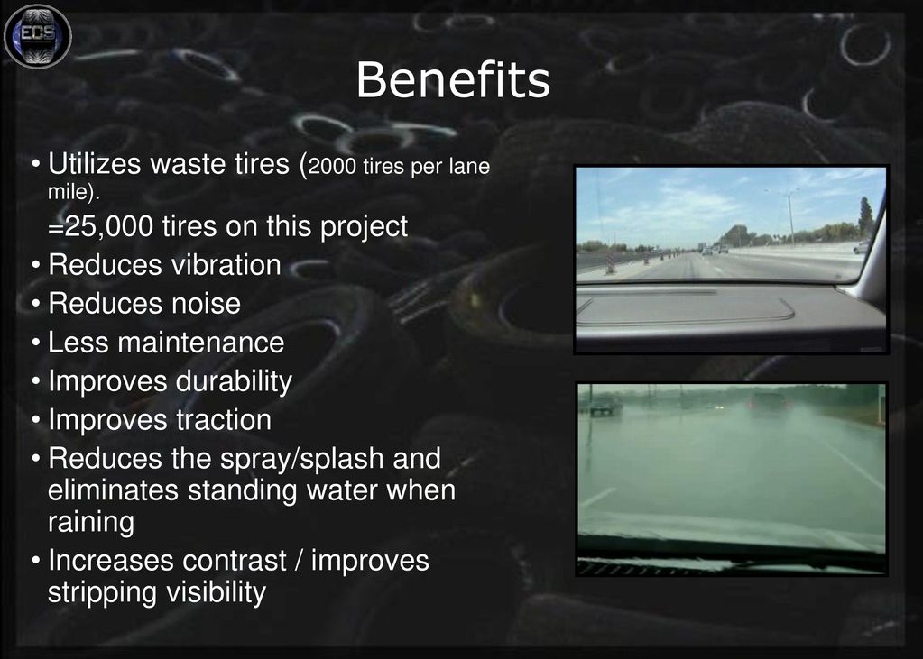 Benefits Utilizes waste tires (2000 tires per lane mile).