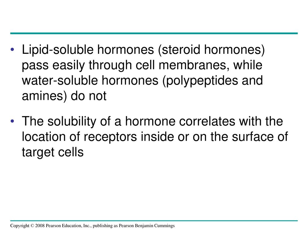 Lipid-soluble hormones (steroid hormones) pass easily through cell membranes, while water-soluble hormones (polypeptides and amines) do not