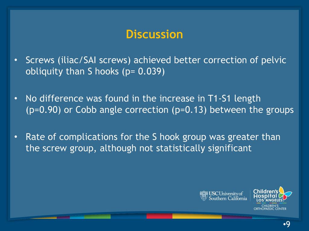 Discussion Screws (iliac/SAI screws) achieved better correction of pelvic obliquity than S hooks (p= 0.039)