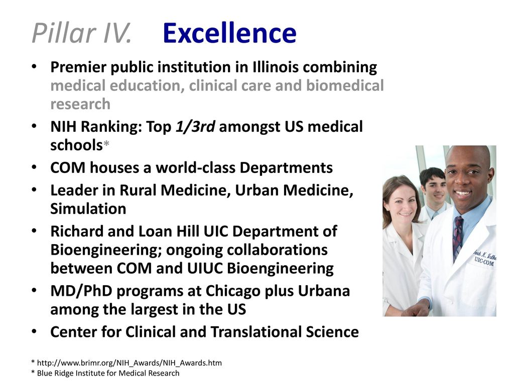 Pillar IV. Excellence Premier public institution in Illinois combining medical education, clinical care and biomedical research.