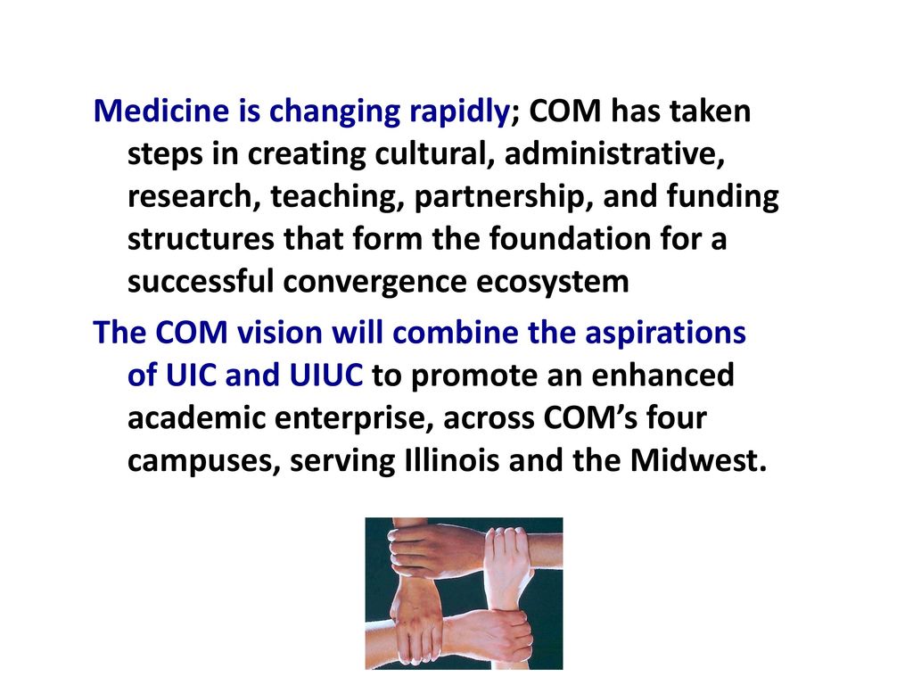 Medicine is changing rapidly; COM has taken steps in creating cultural, administrative, research, teaching, partnership, and funding structures that form the foundation for a successful convergence ecosystem