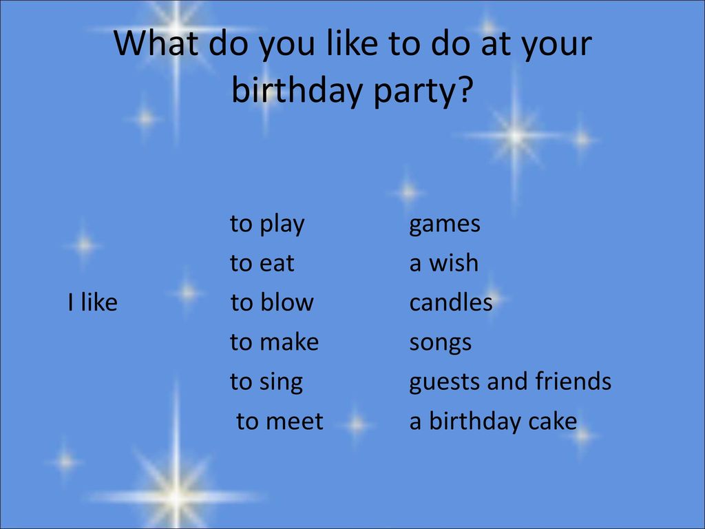 What do you like to do at your birthday party? a wish. a birthday cake. to ...