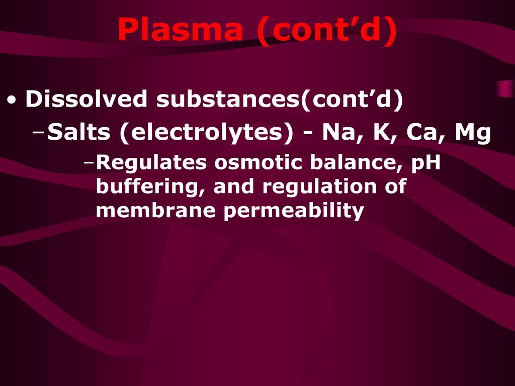 Plasma (cont’d) Dissolved substances(cont’d)