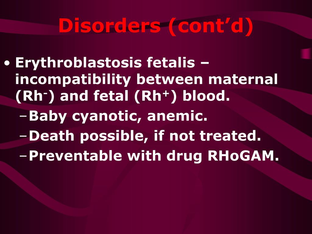 Disorders (cont’d) Erythroblastosis fetalis – incompatibility between maternal (Rh-) and fetal (Rh+) blood.