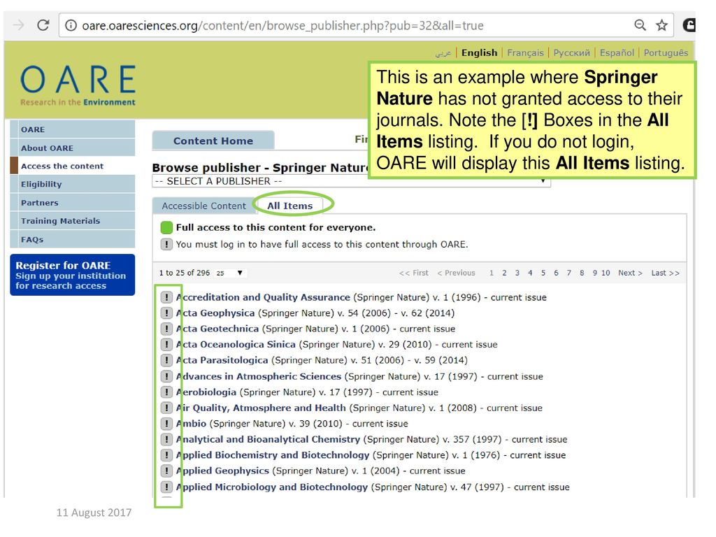 This is an example where Springer Nature has not granted access to their journals. Note the [!] Boxes in the All Items listing. If you do not login, OARE will display this All Items listing.