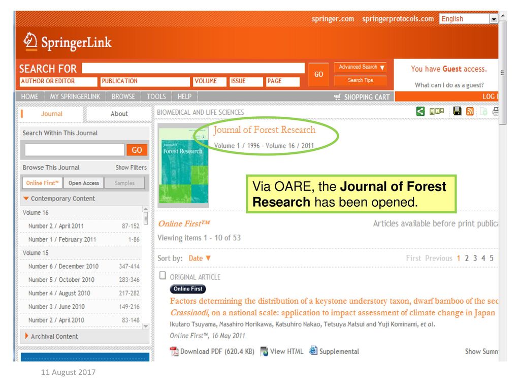 Via OARE, the Journal of Forest Research has been opened.