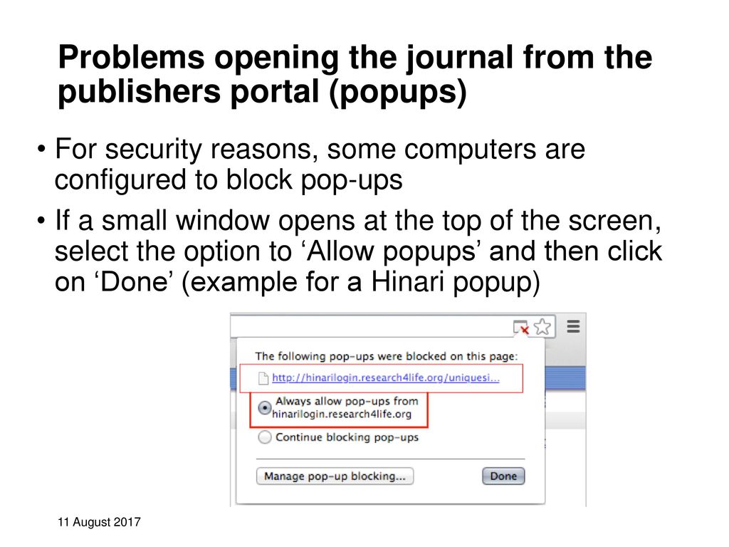 Problems opening the journal from the publishers portal (popups)