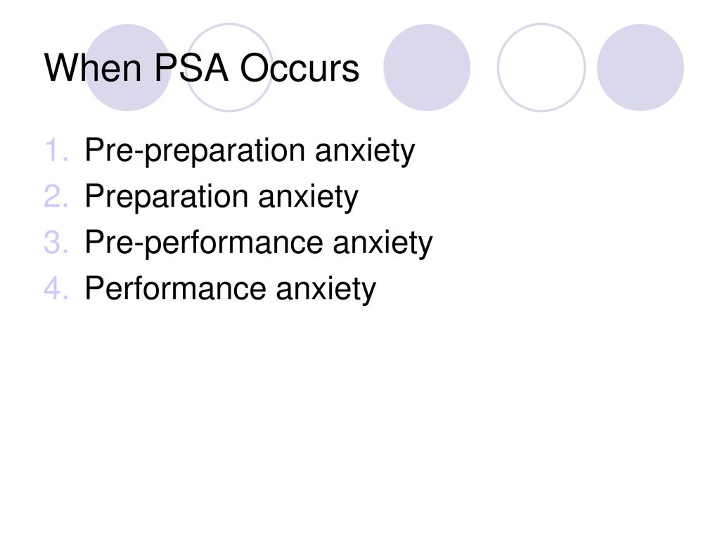 When PSA Occurs Pre-preparation anxiety Preparation anxiety