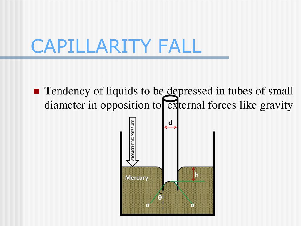 CAPILLARITY FALL Tendency of liquids to be depressed in tubes of small diameter in opposition to, external forces like gravity.