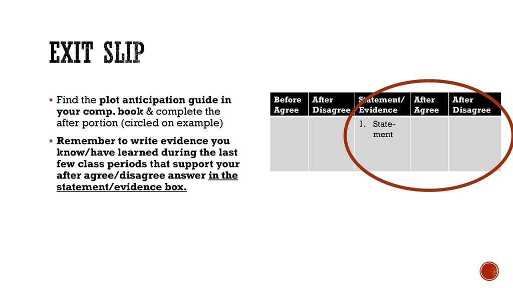 Exit slip Find the plot anticipation guide in your comp. book & complete the after portion (circled on example)