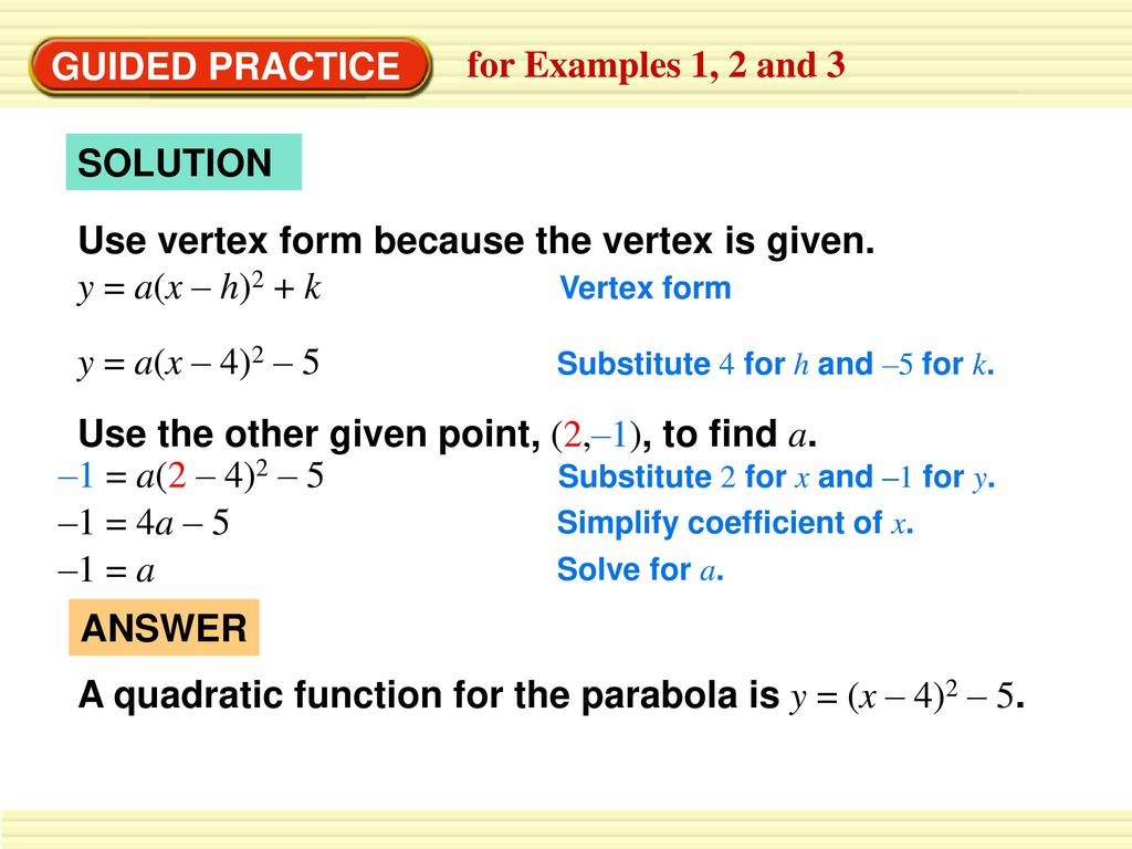 Write a quadratic function in vertex form - ppt download