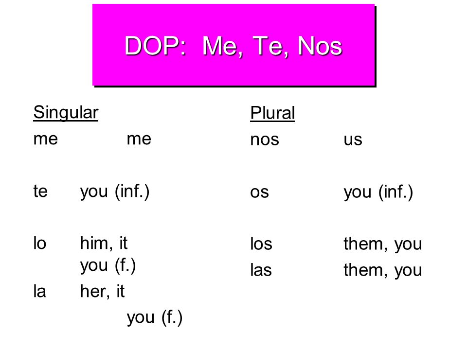 DOP: Me, Te, Nos Plural Singular nos us me me os you (inf.)