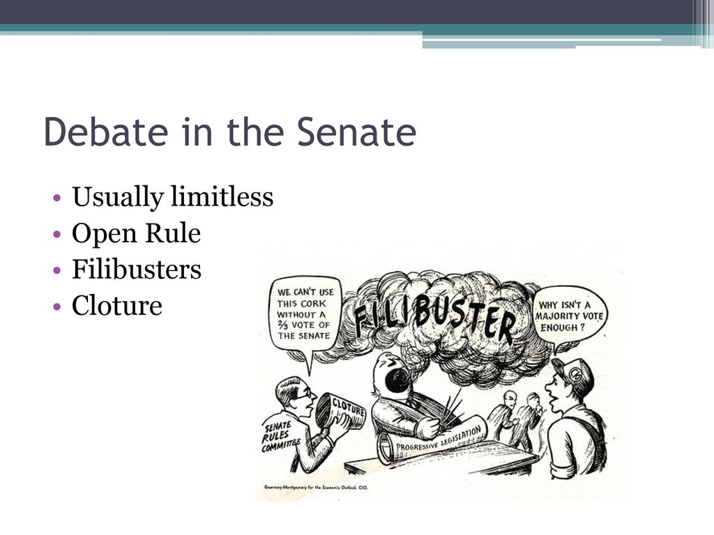Debate in the Senate Usually limitless Open Rule Filibusters Cloture