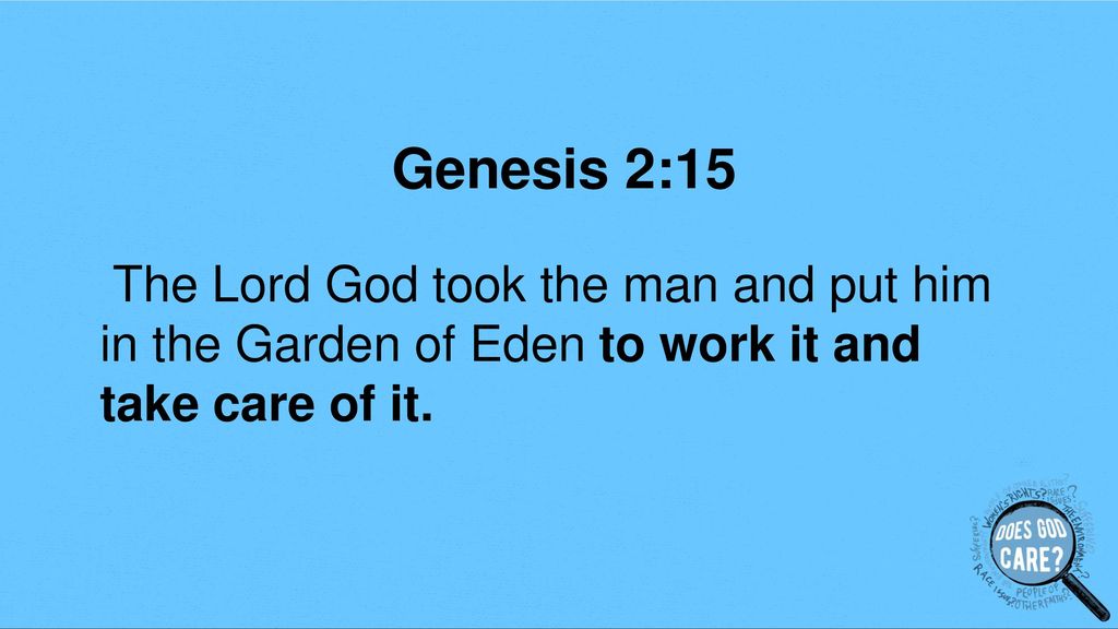 Genesis 2:15 The Lord God took the man and put him in the Garden of Eden to work it and take care of it.