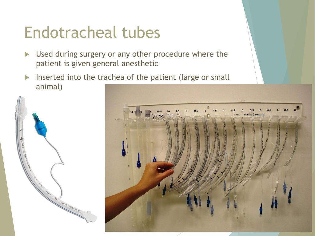Endotracheal tubes Used during surgery or any other procedure where the patient is given general anesthetic.