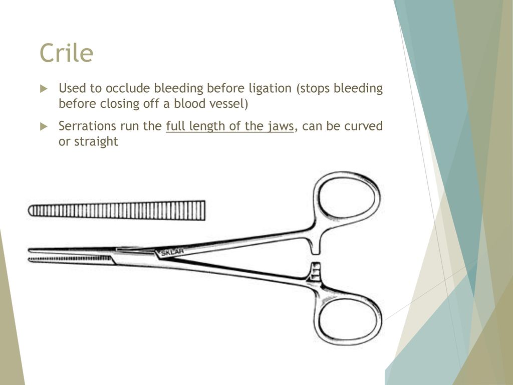 Crile Used to occlude bleeding before ligation (stops bleeding before closing off a blood vessel)