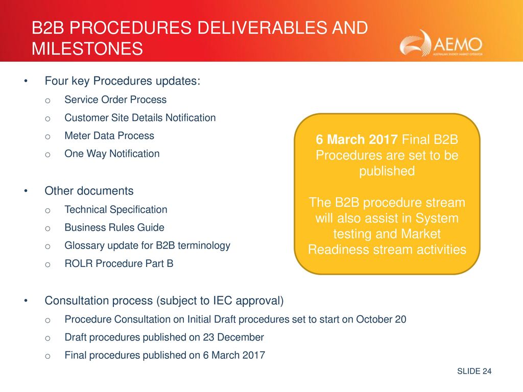 B2b Procedures Deliverables and Milestones