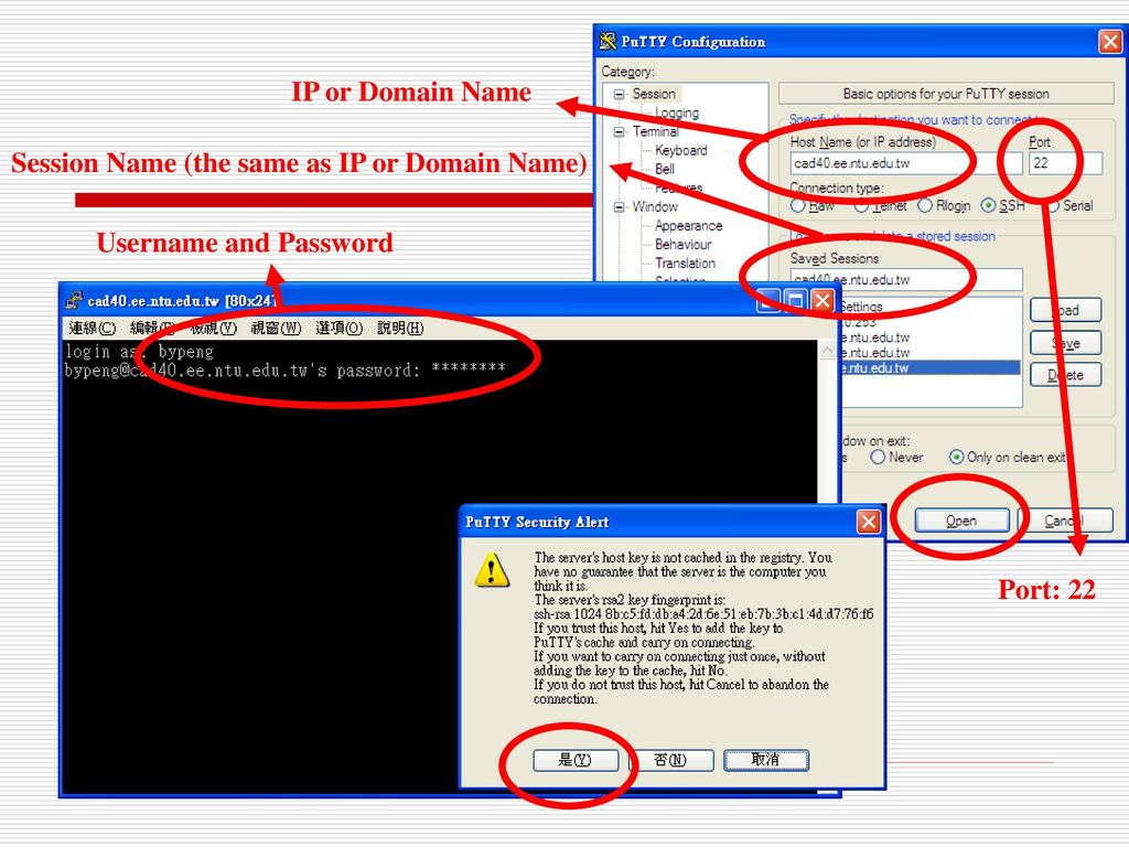 IP or Domain Name Session Name (the same as IP or Domain Name) Username and Password Port: 22