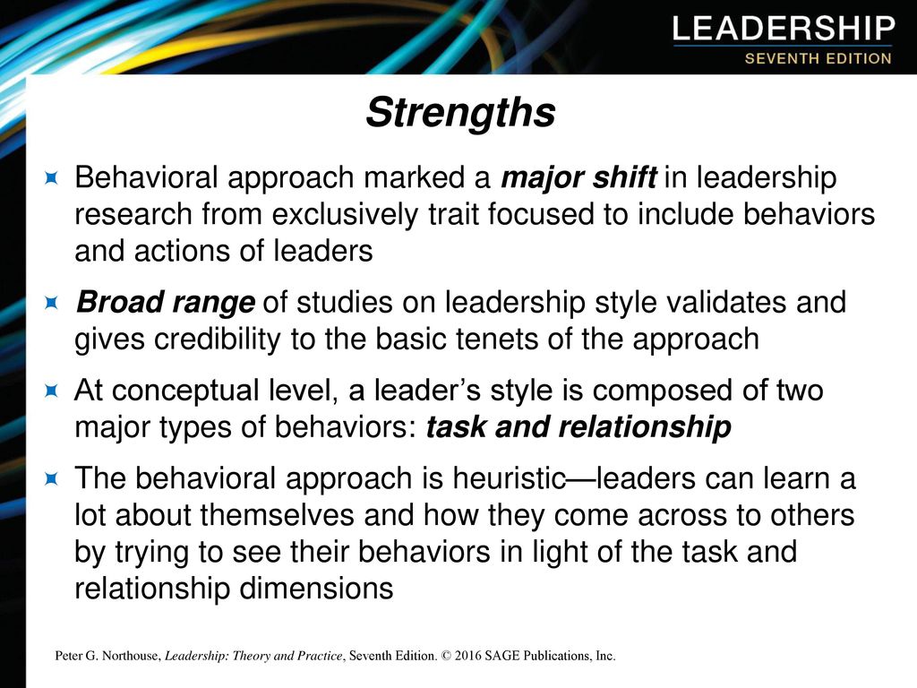 Strengths Behavioral approach marked a major shift in leadership research from exclusively trait focused to include behaviors and actions of leaders.