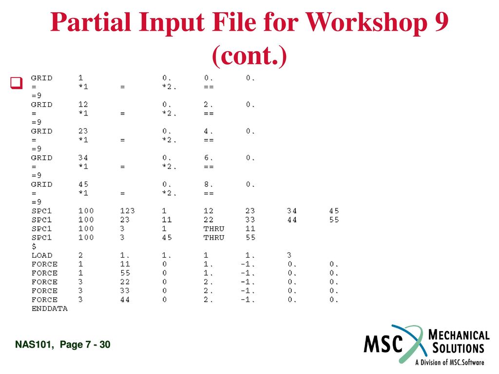 Partial Input File for Workshop 9 (cont.)
