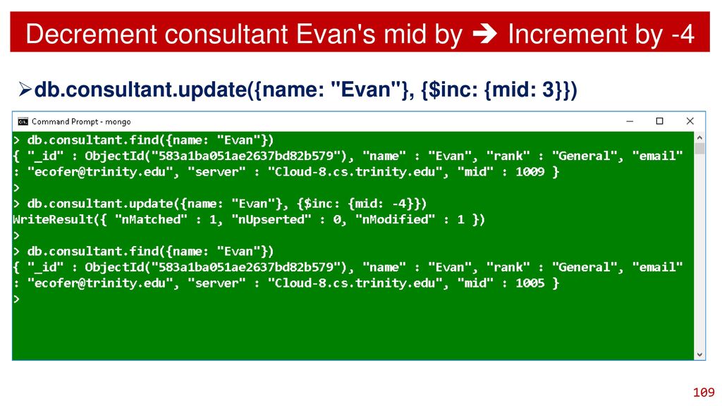 Decrement consultant Evan s mid by  Increment by -4
