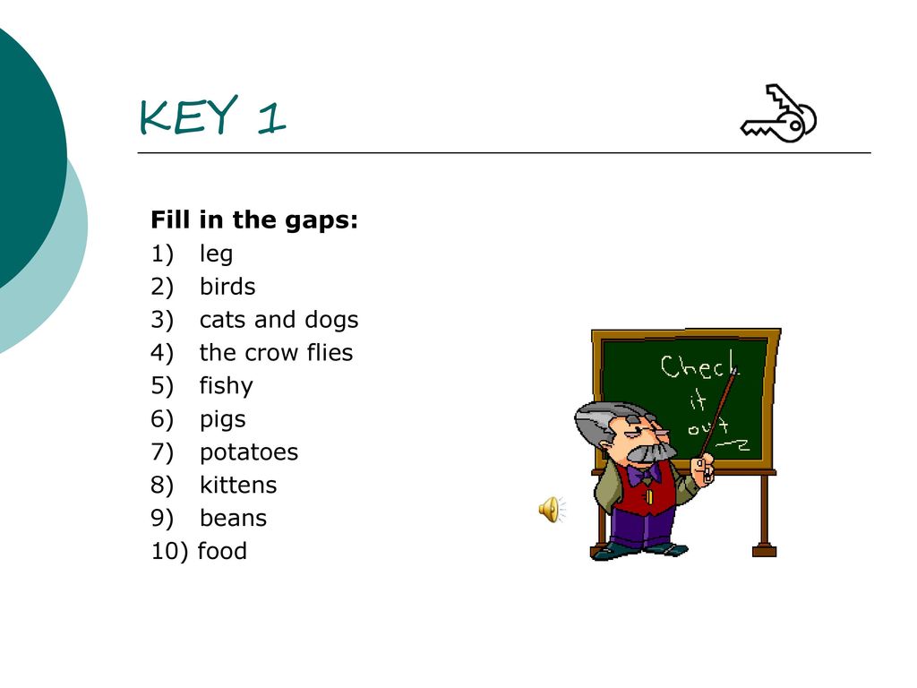 KEY 1 Fill in the gaps: 1) leg 2) birds 3) cats and dogs