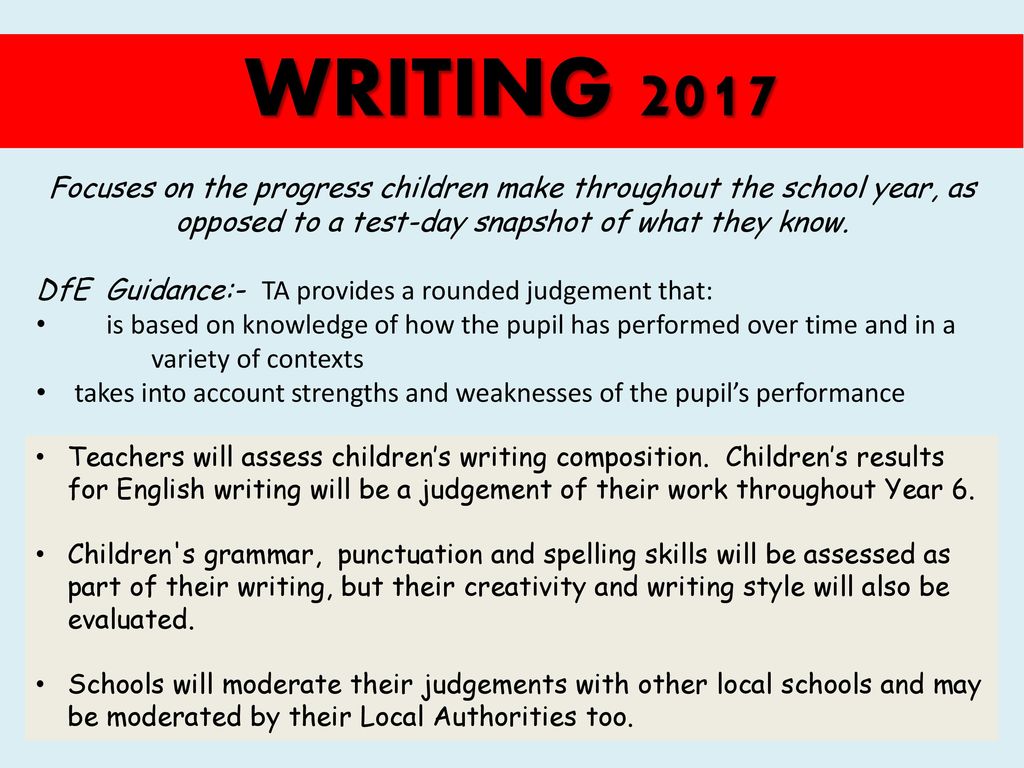 WRITING 2017 Focuses on the progress children make throughout the school year, as opposed to a test-day snapshot of what they know.