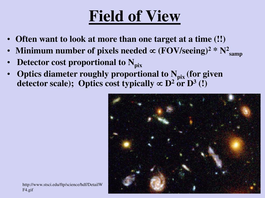Field of View Often want to look at more than one target at a time (!!) Minimum number of pixels needed  (FOV/seeing)2 * N2samp.
