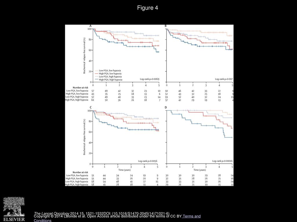 Figure 4 Kaplan-Meier analysis of biochemical relapse for patients stratified by PGA and hypoxia values.