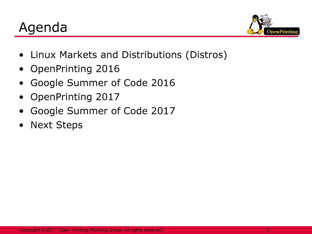 Agenda Linux Markets and Distributions (Distros) OpenPrinting 2016