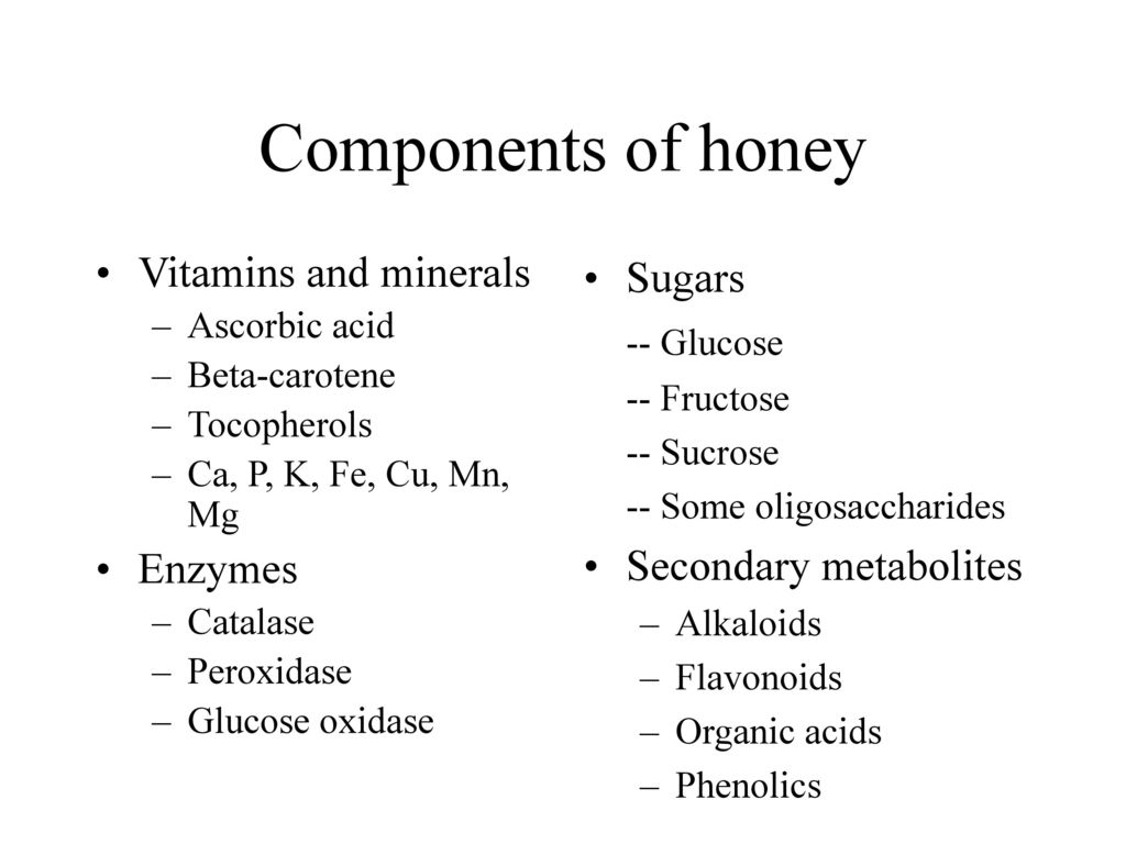 Components of honey Vitamins and minerals Enzymes Sugars -- Glucose