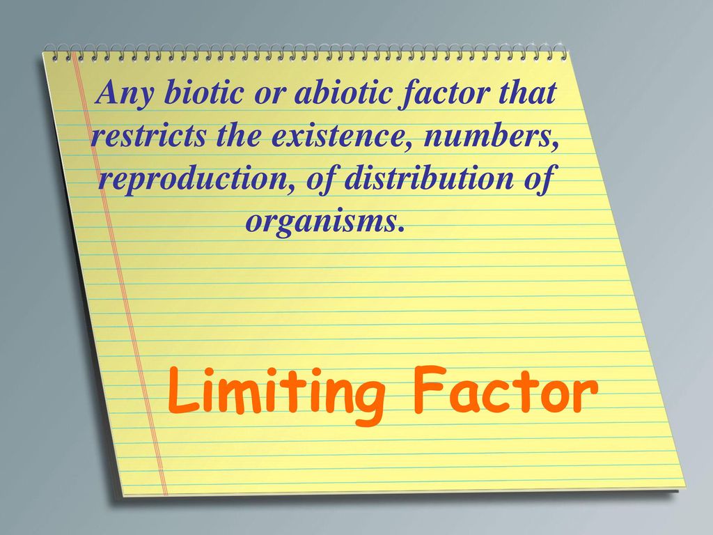Any biotic or abiotic factor that restricts the existence, numbers, reproduction, of distribution of organisms.