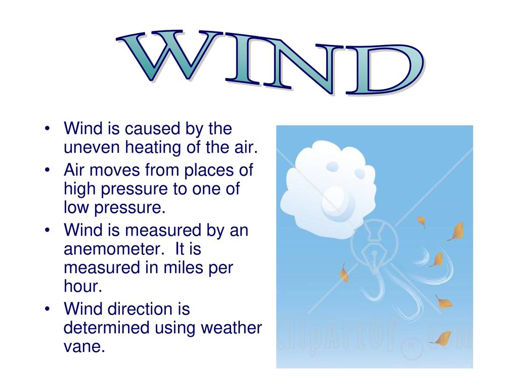 WIND Wind is caused by the uneven heating of the air.