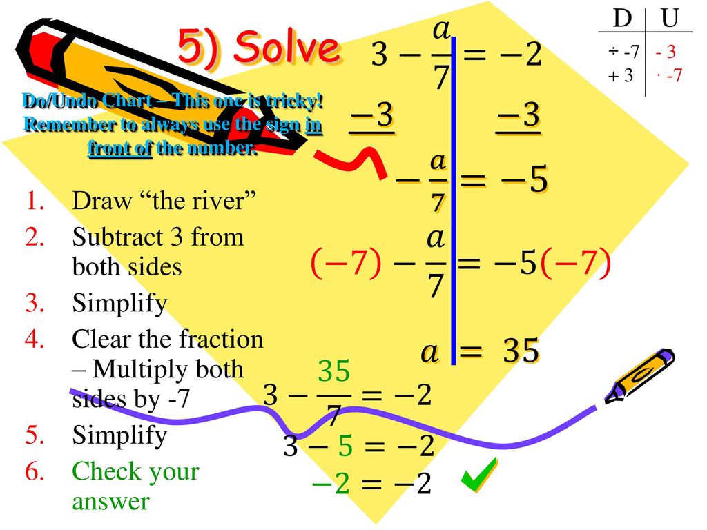 5) Solve 3− 𝑎 7 =−2 −3 −3 − 𝑎 7 =−5 𝑎 = 35 −7 − 𝑎 7 =−5 −7 3− 35 7 =−2
