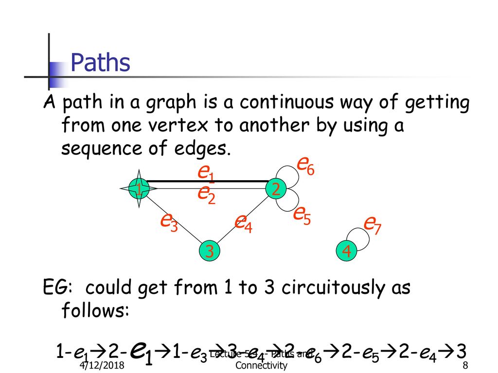 Paths A path in a graph is a continuous way of getting from one vertex to another by using a sequence of edges.