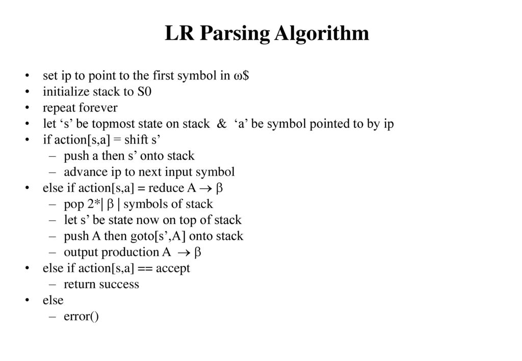 LR Parsing Algorithm set ip to point to the first symbol in ω$