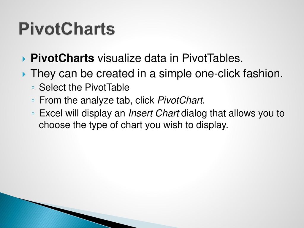 PivotCharts PivotCharts visualize data in PivotTables.
