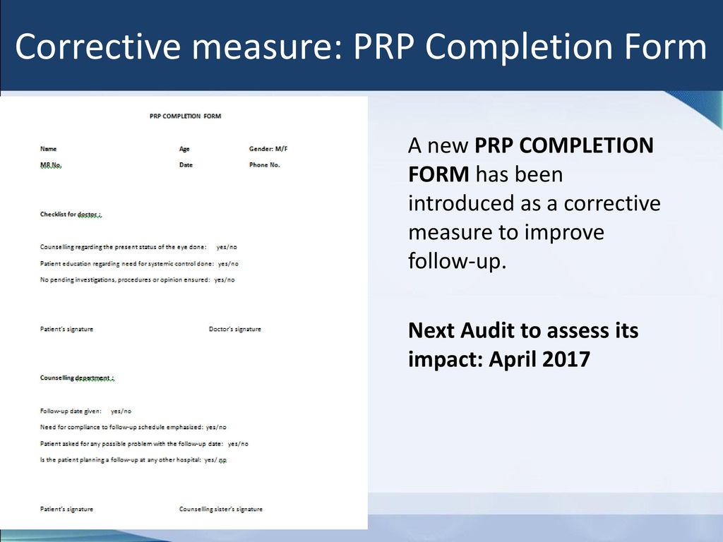 Corrective measure: PRP Completion Form