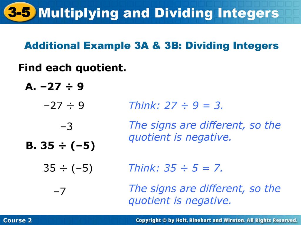 Additional Example 3A & 3B: Dividing Integers