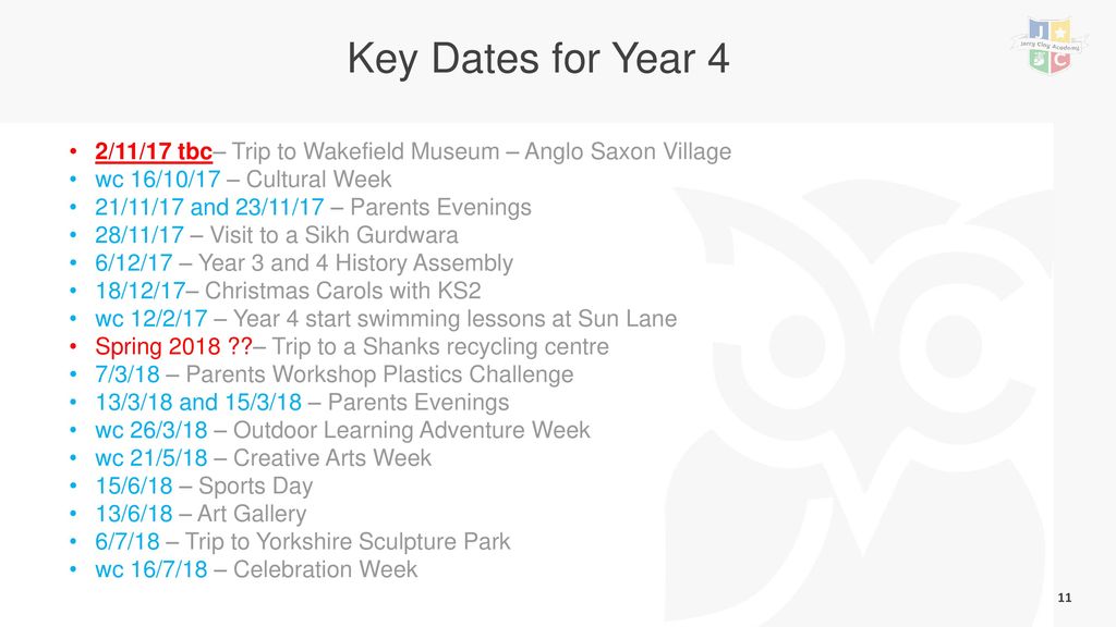Key Dates for Year 4 2/11/17 tbc– Trip to Wakefield Museum – Anglo Saxon Village. wc 16/10/17 – Cultural Week.