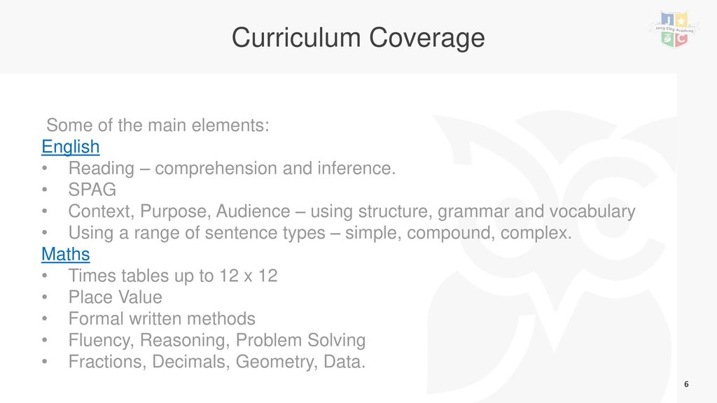 Curriculum Coverage Some of the main elements: English